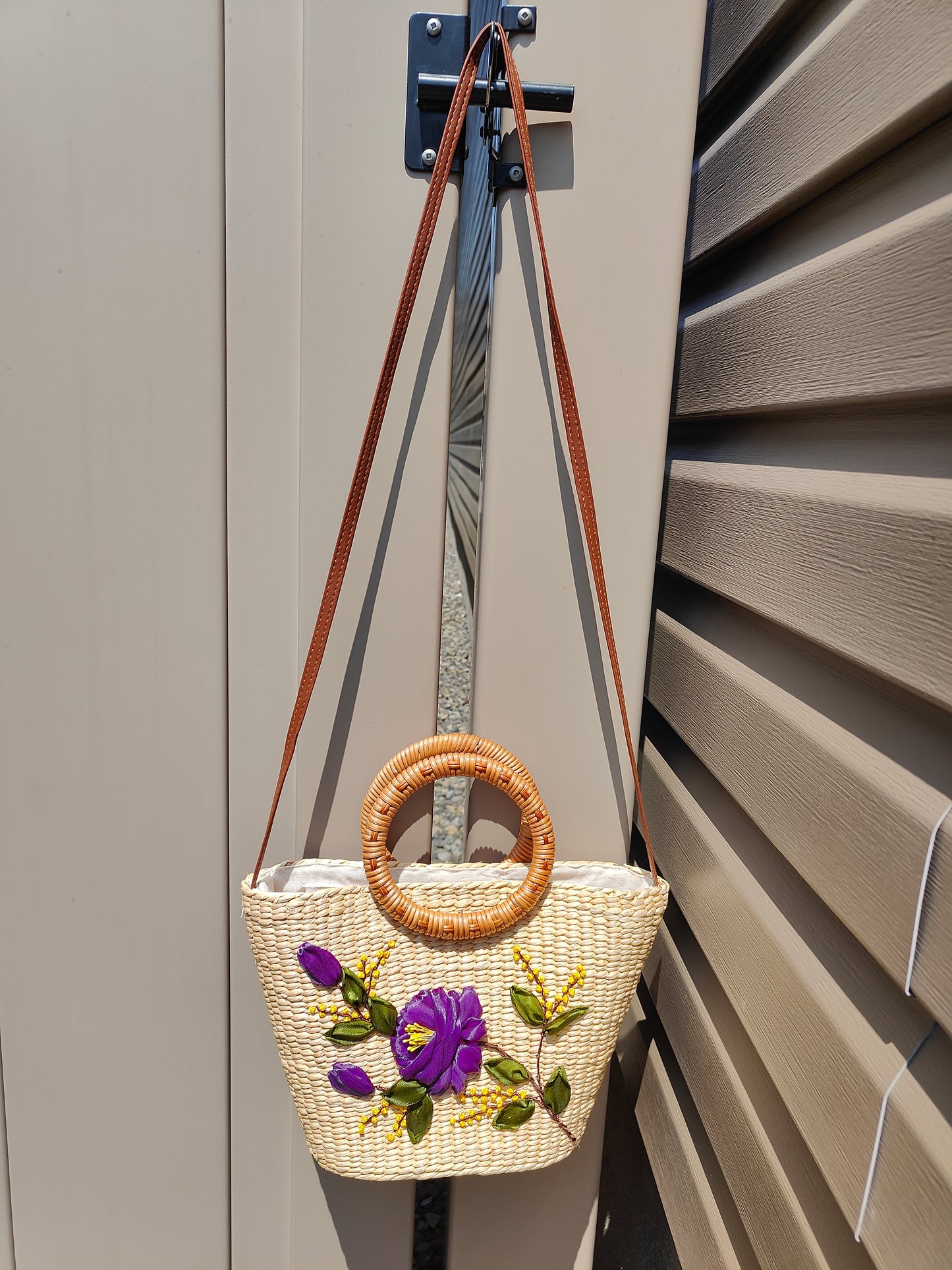 Embroidered Water Hyacinth Shoulder Bag