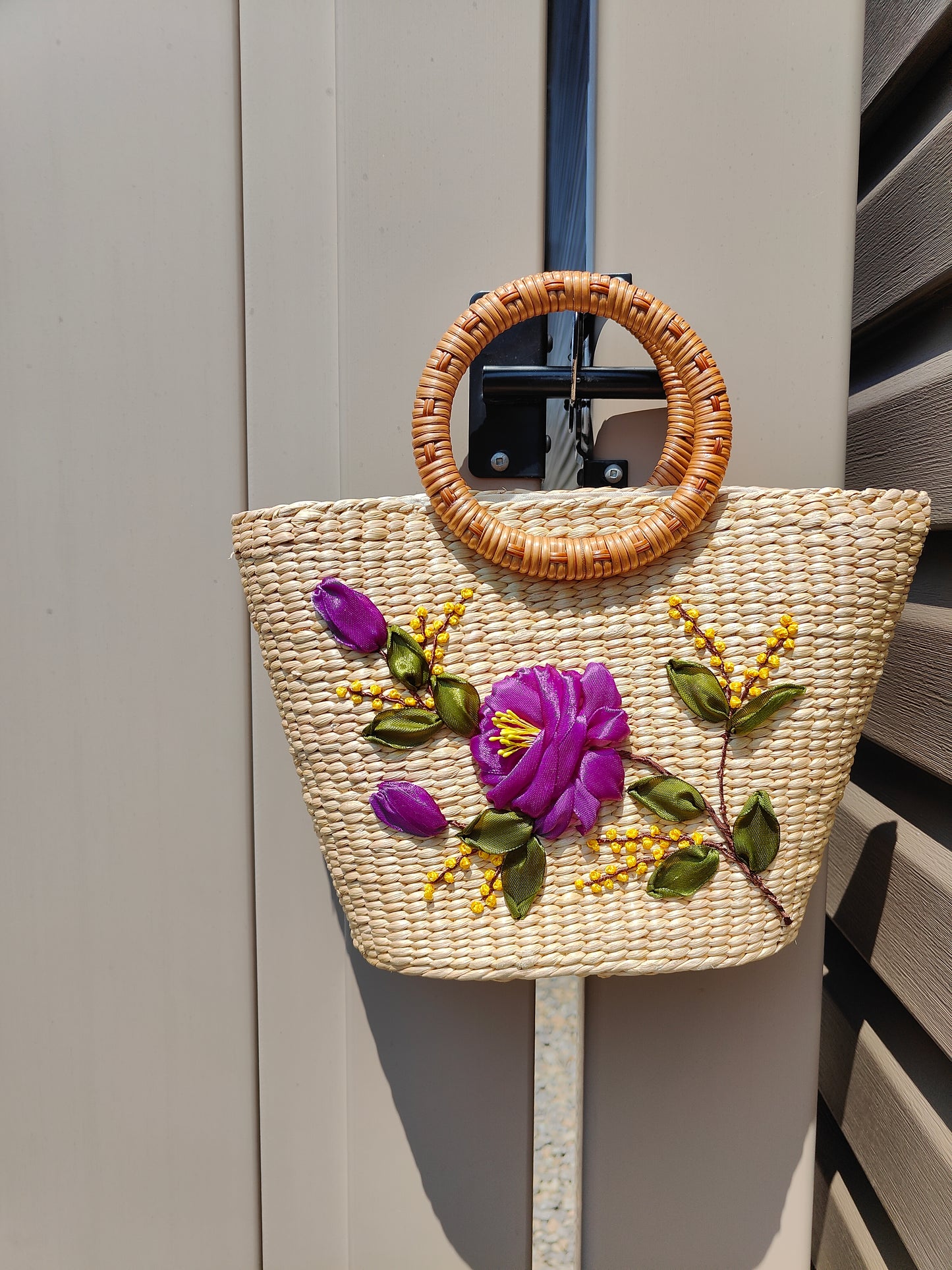 Embroidered Water Hyacinth Shoulder Bag
