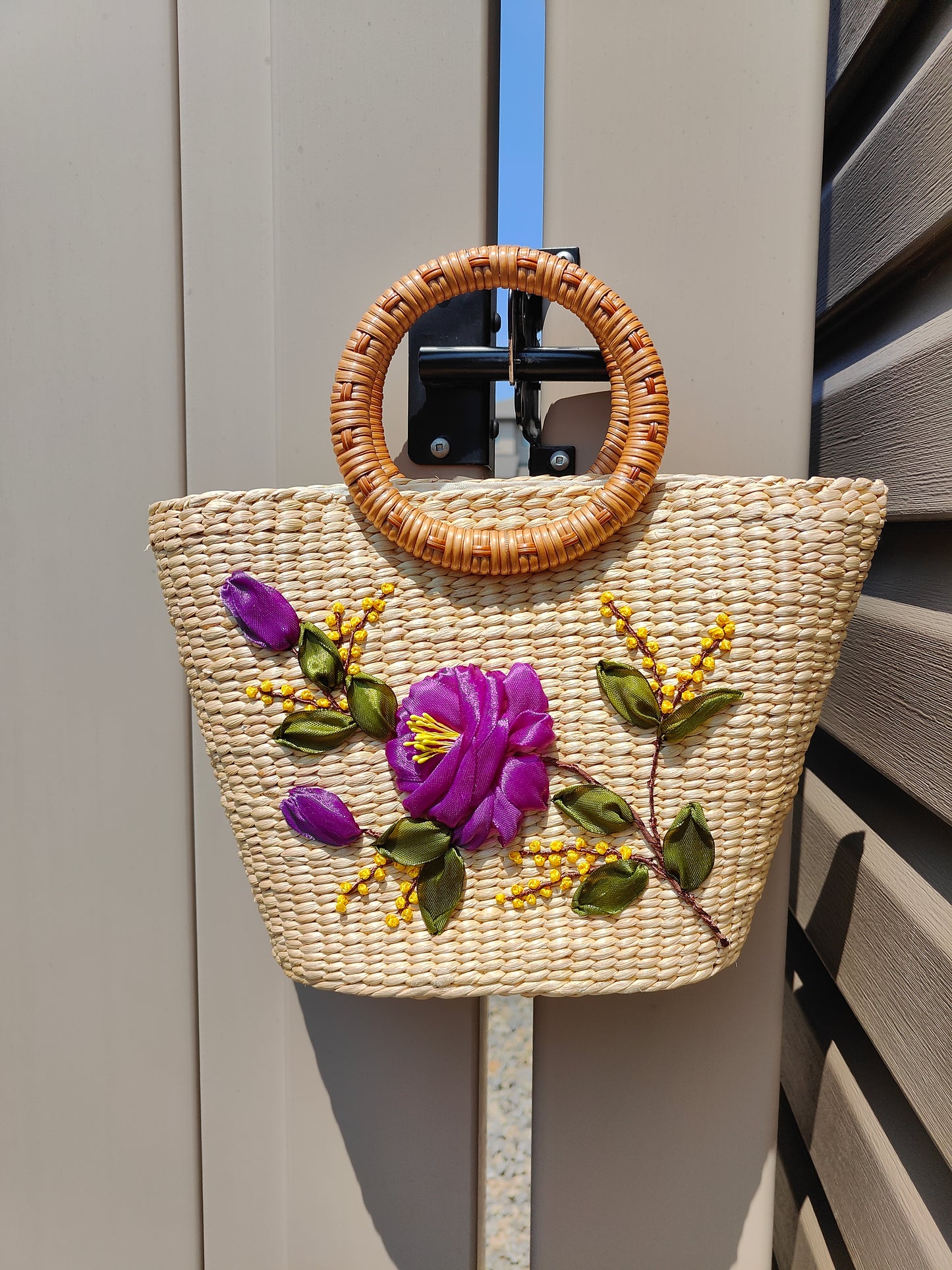 Embroidered Water Hyacinth Shoulder Bag