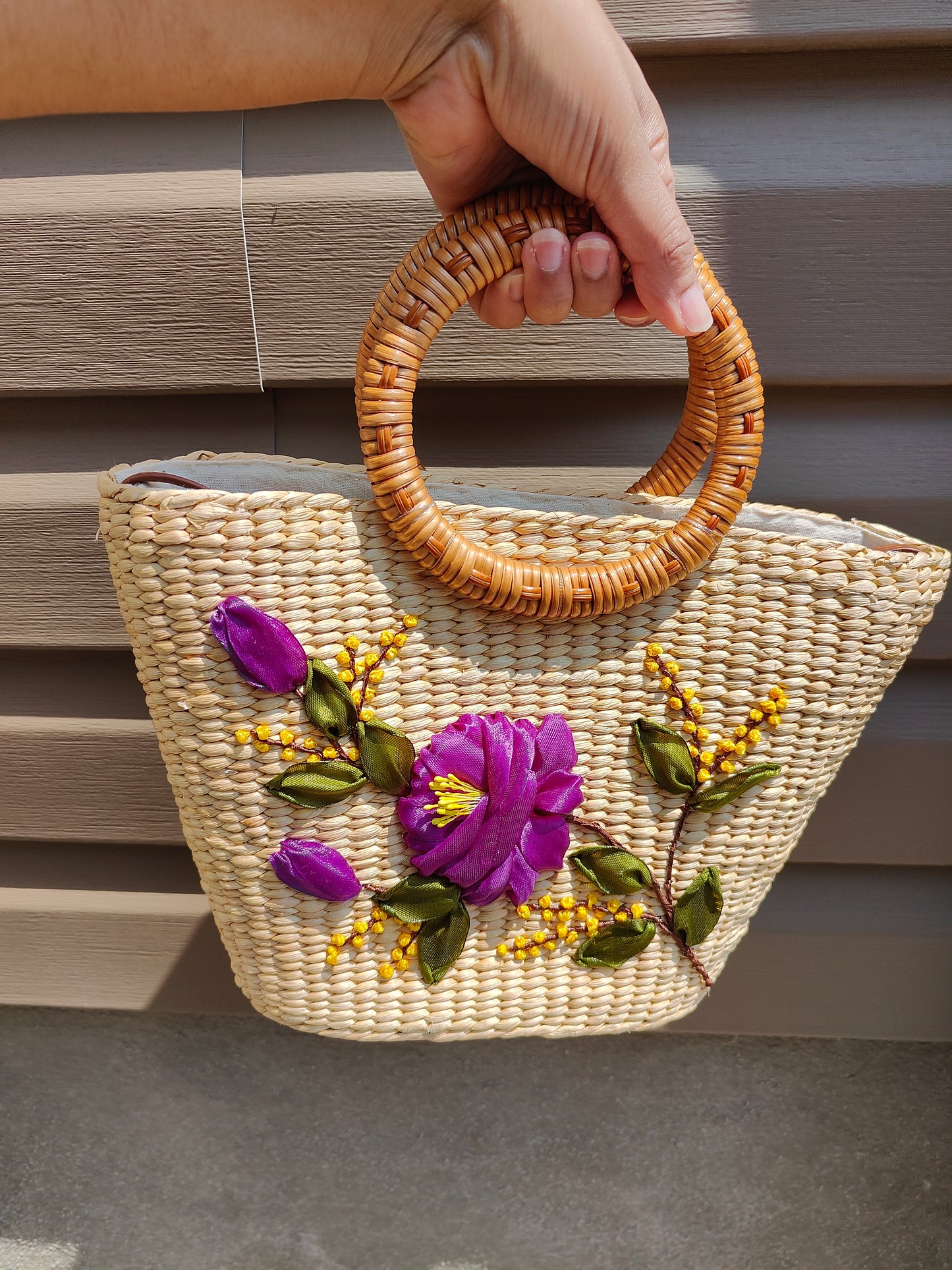 Embroidered Water Hyacinth Shoulder Bag