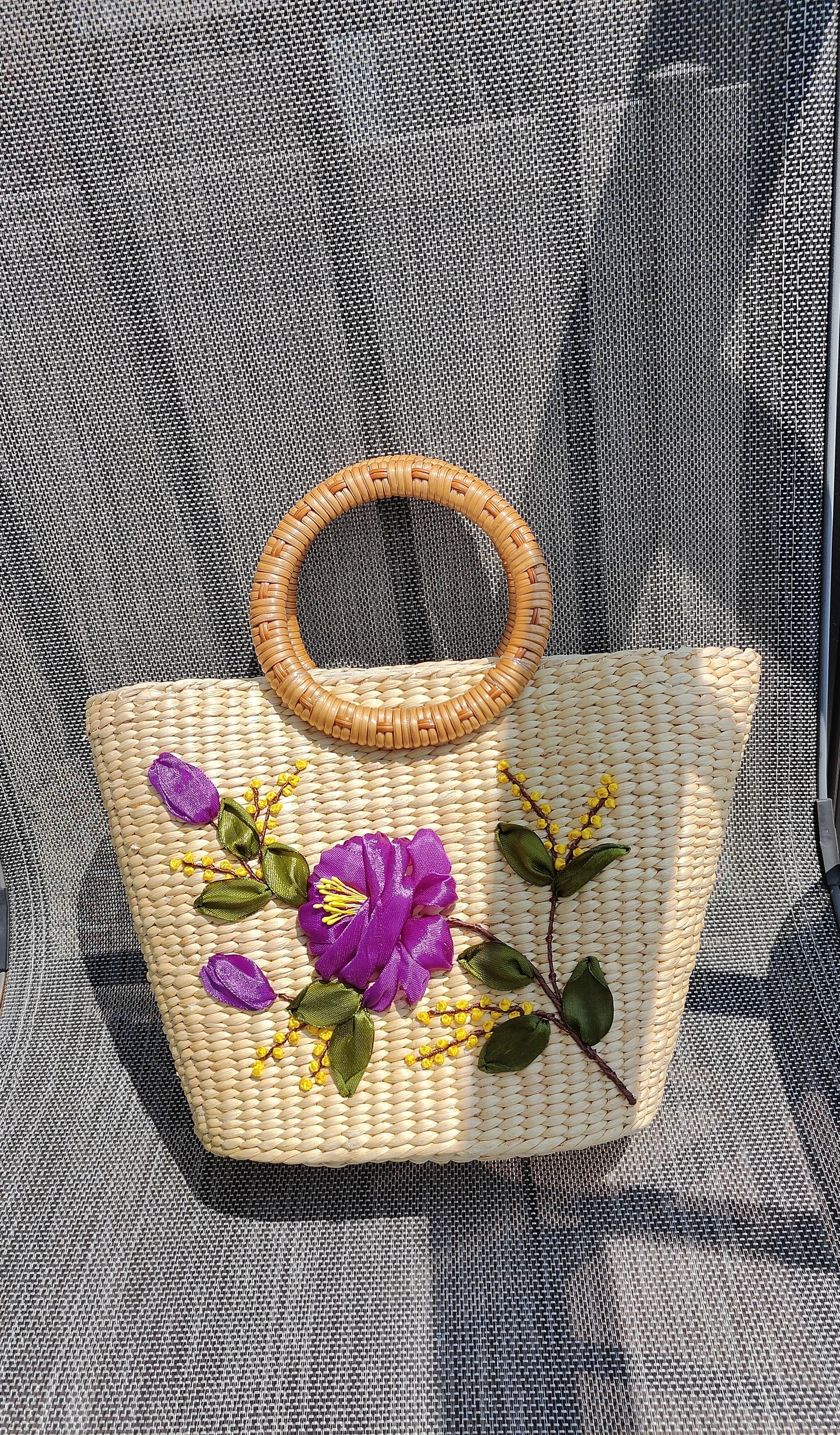 Embroidered Water Hyacinth Shoulder Bag