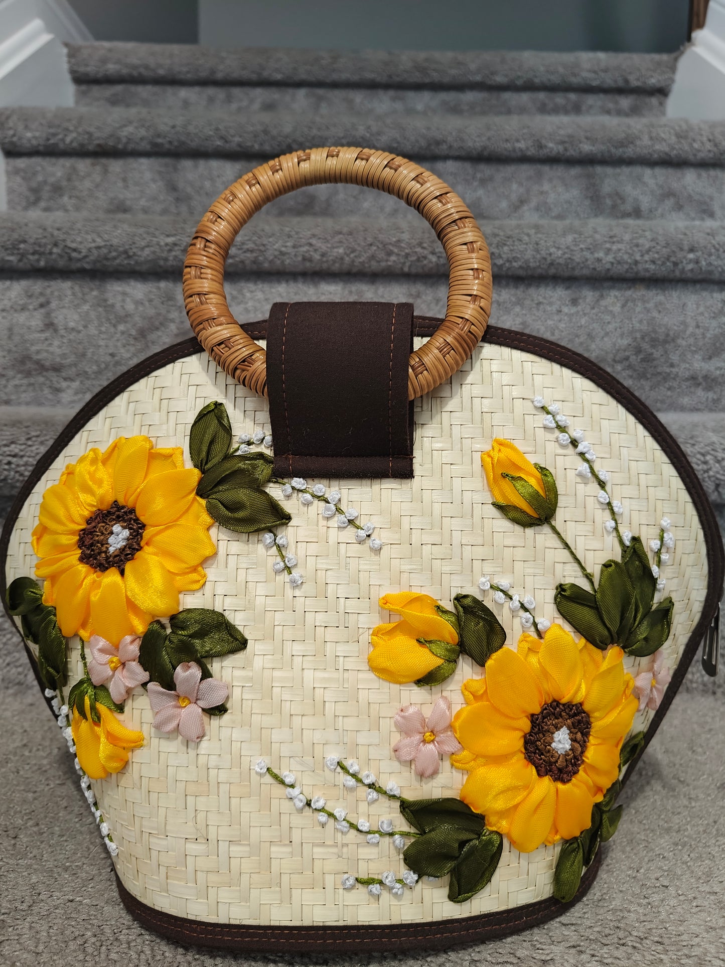 Handwoven Bamboo Bag – Sunflower Embroidered