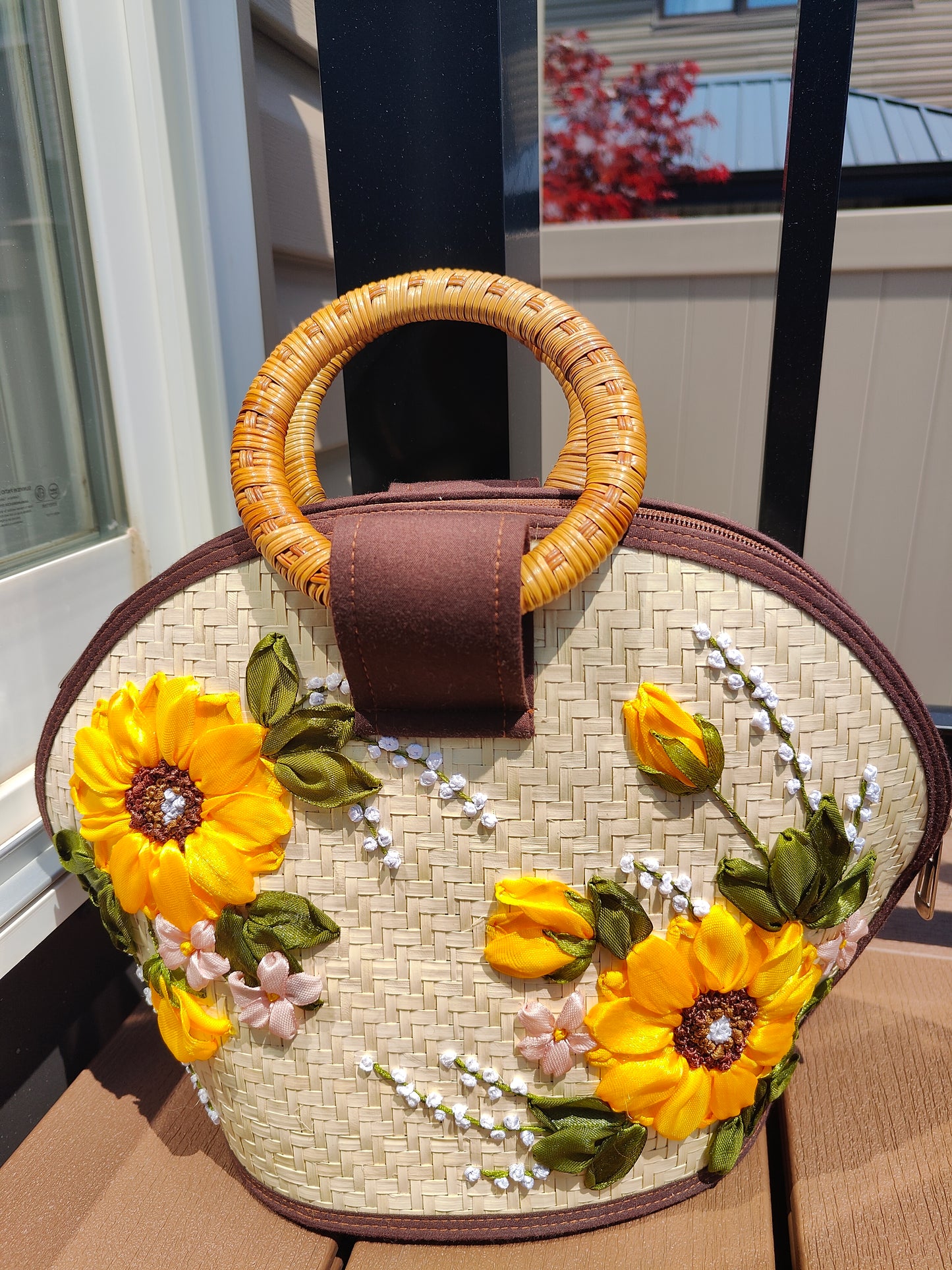 Handwoven Bamboo Bag – Sunflower Embroidered