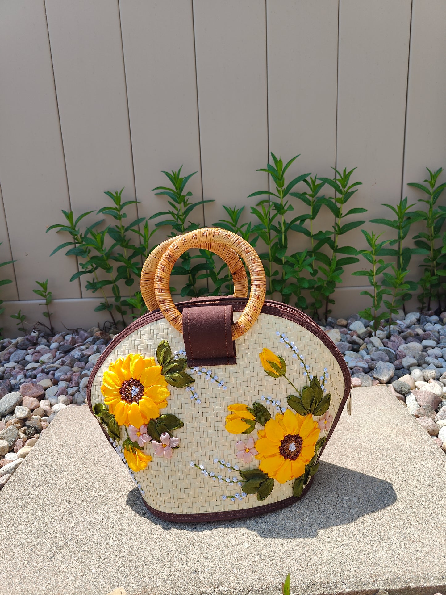 Handwoven Bamboo Bag – Sunflower Embroidered