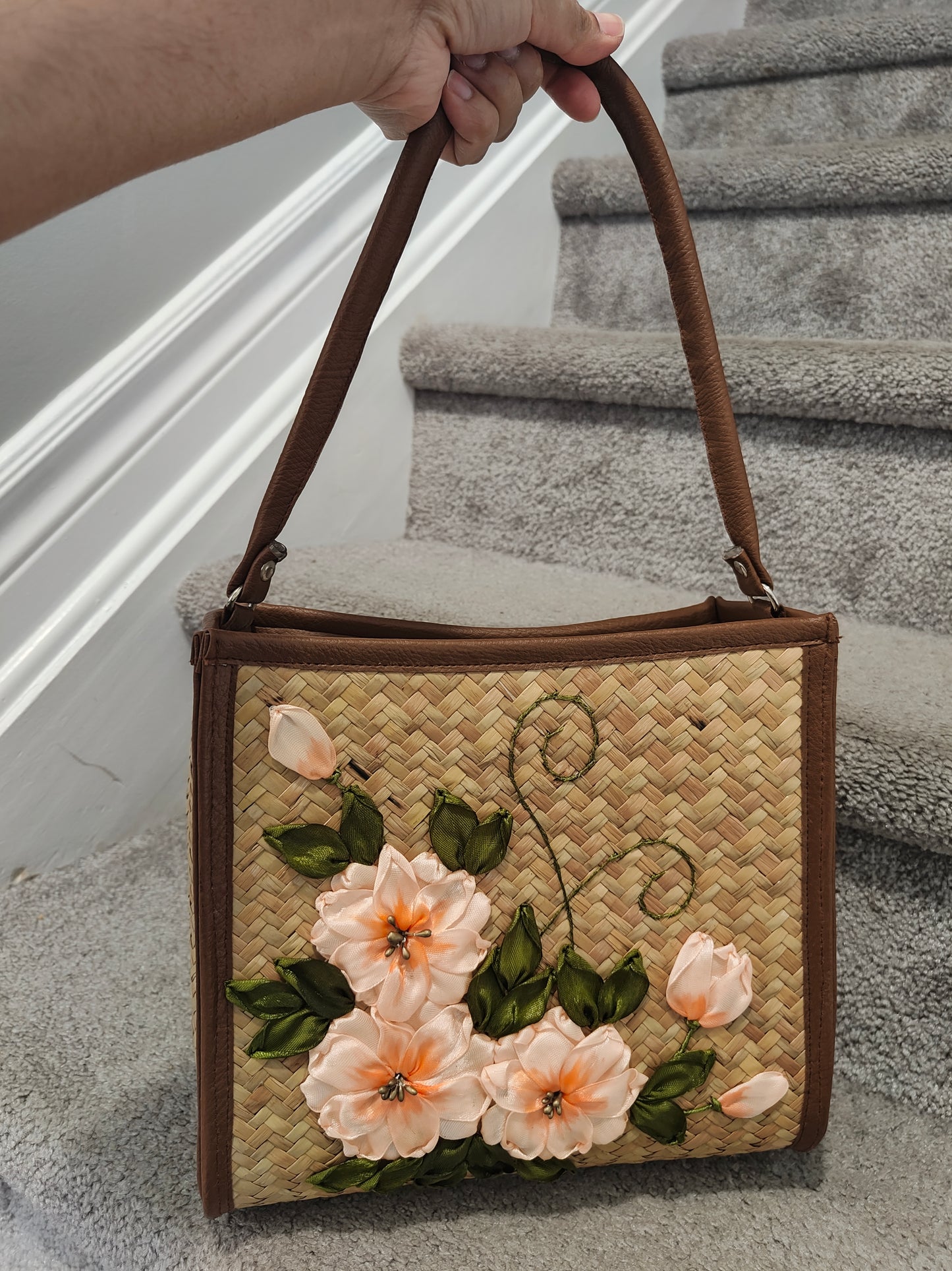 Embroidered Bamboo Handbag – Peach Blossom Elegance