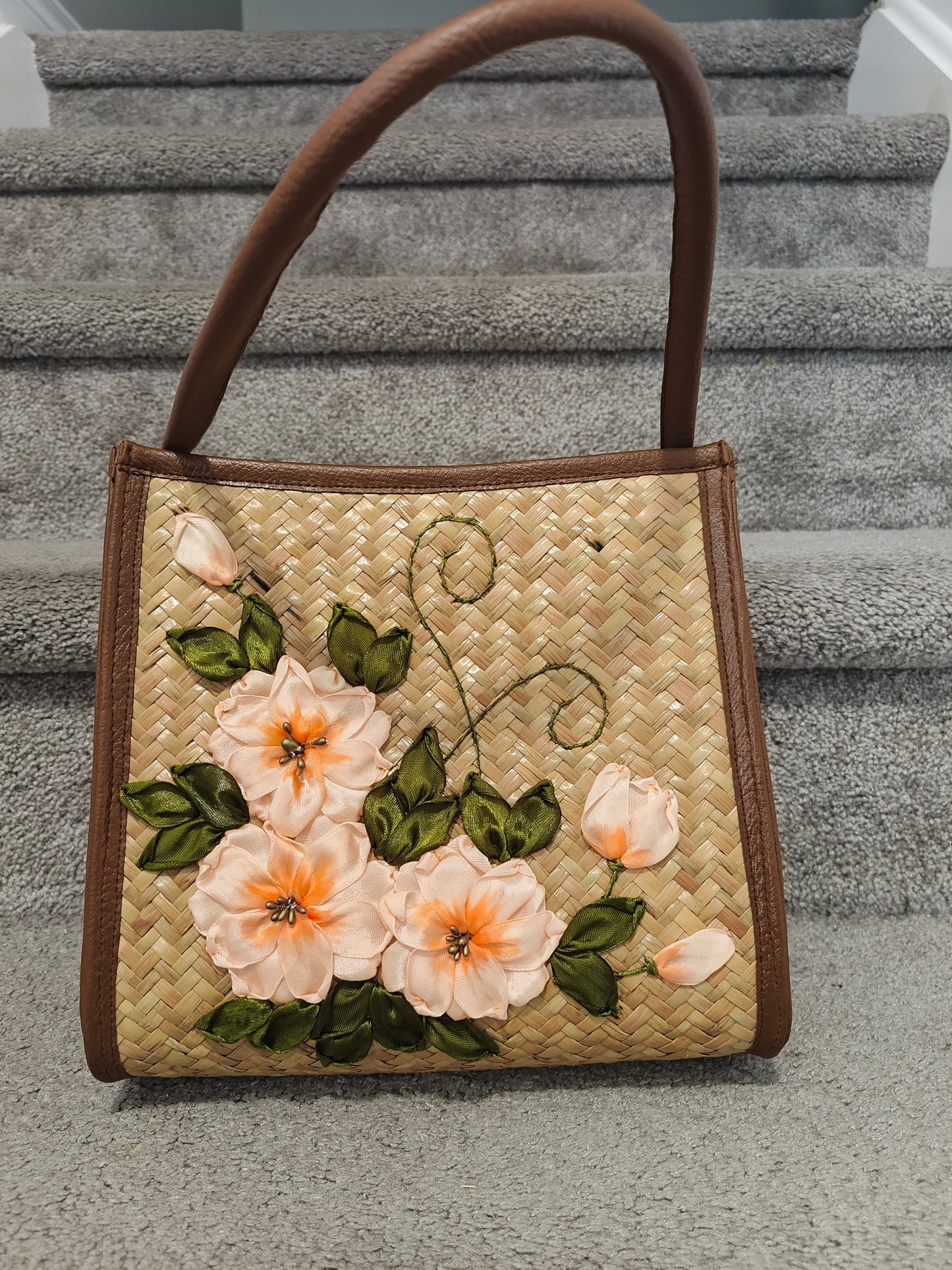 Embroidered Bamboo Handbag – Peach Blossom Elegance