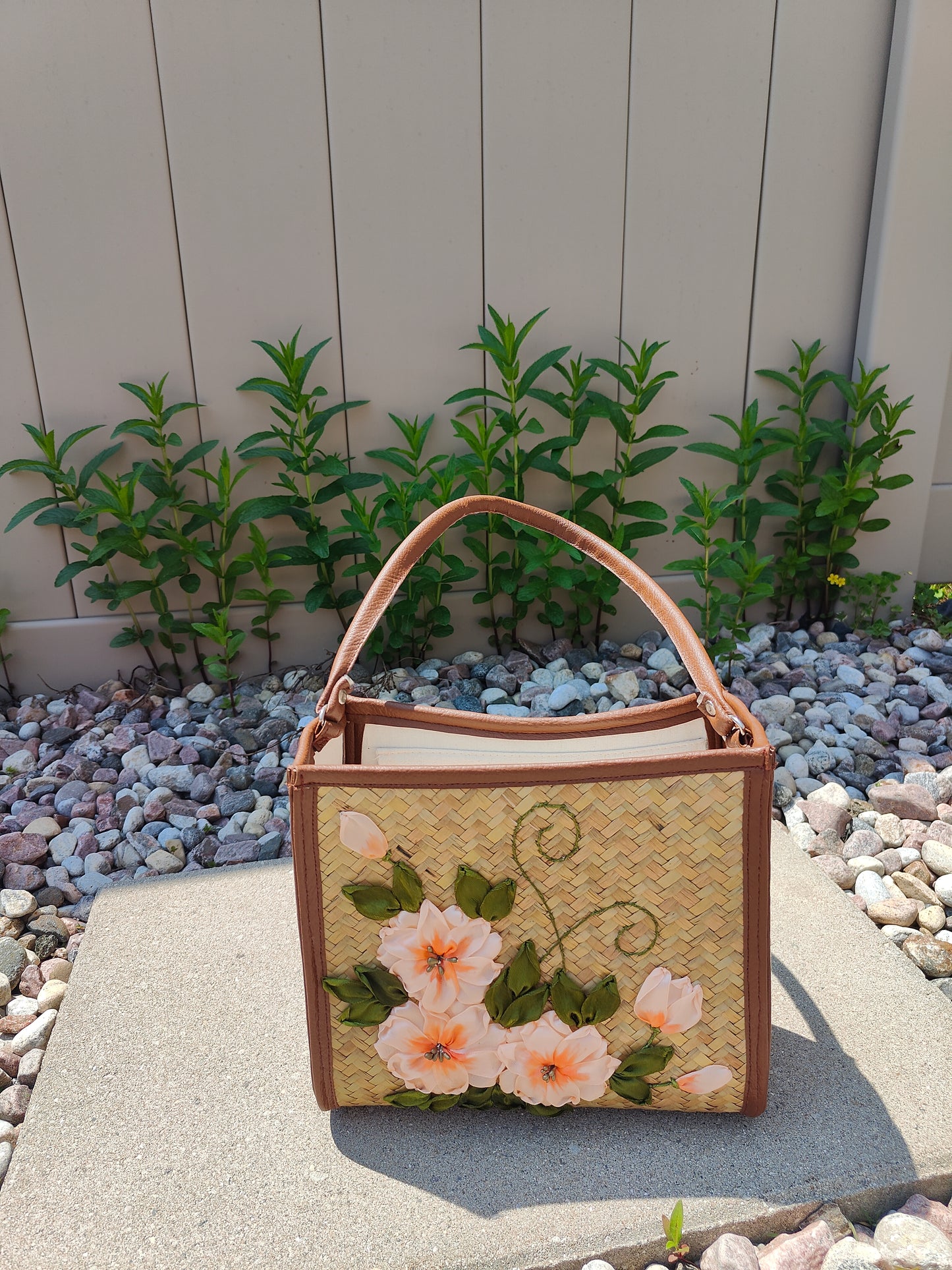 Embroidered Bamboo Handbag – Peach Blossom Elegance