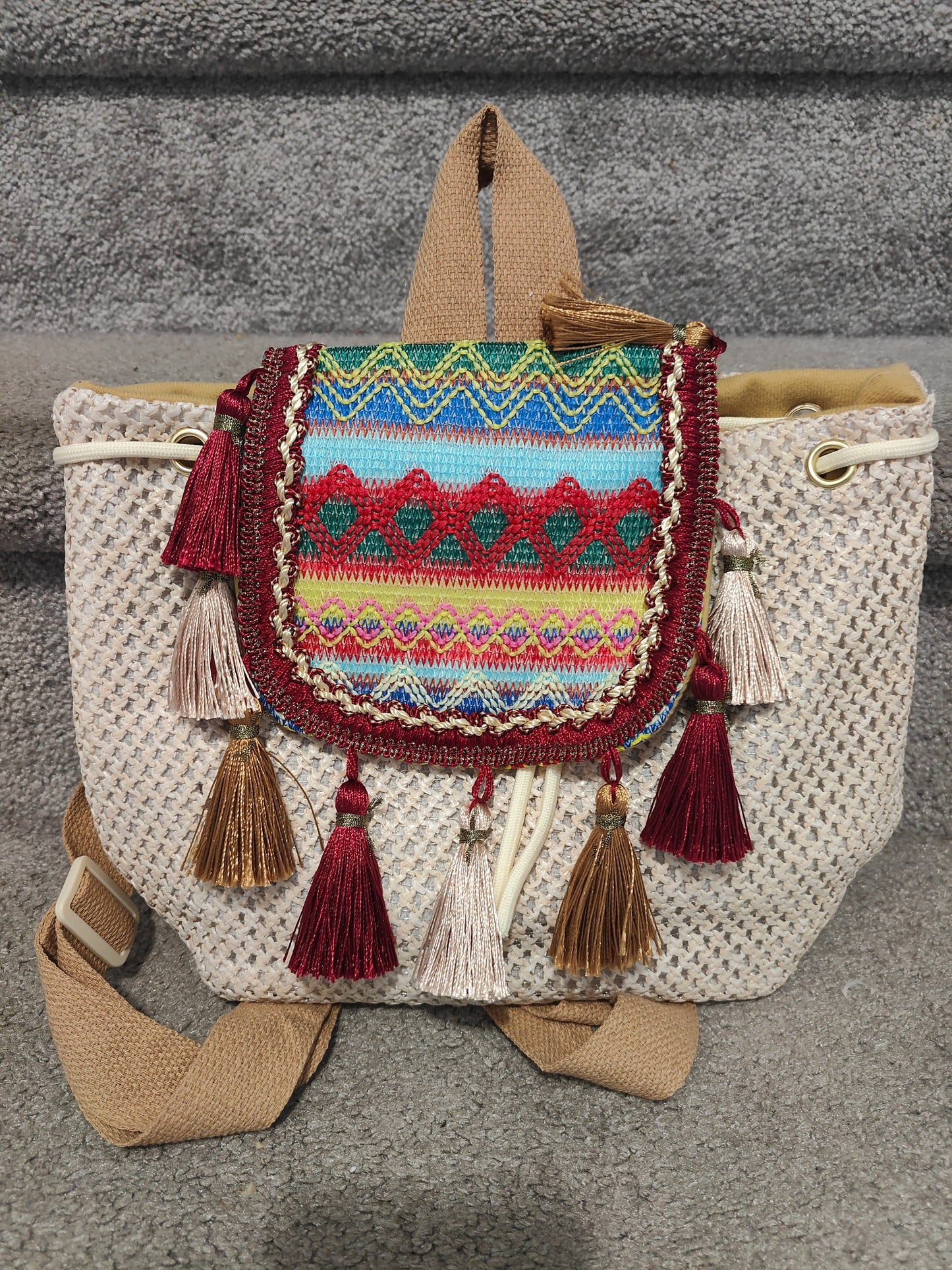 Seagrass Embroidered Tassel Backpack-Red