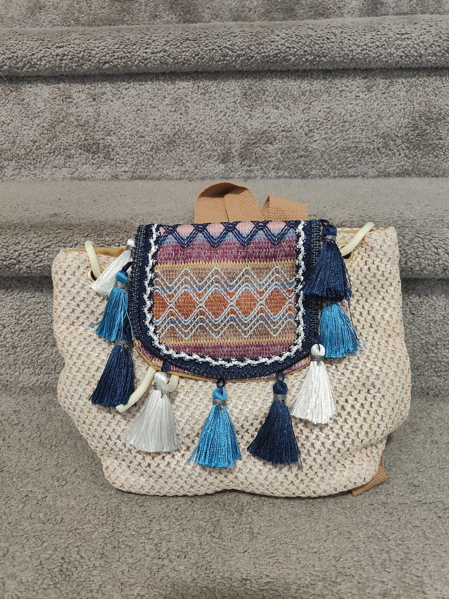 Seagrass Embroidered Tassel Backpack-Blue