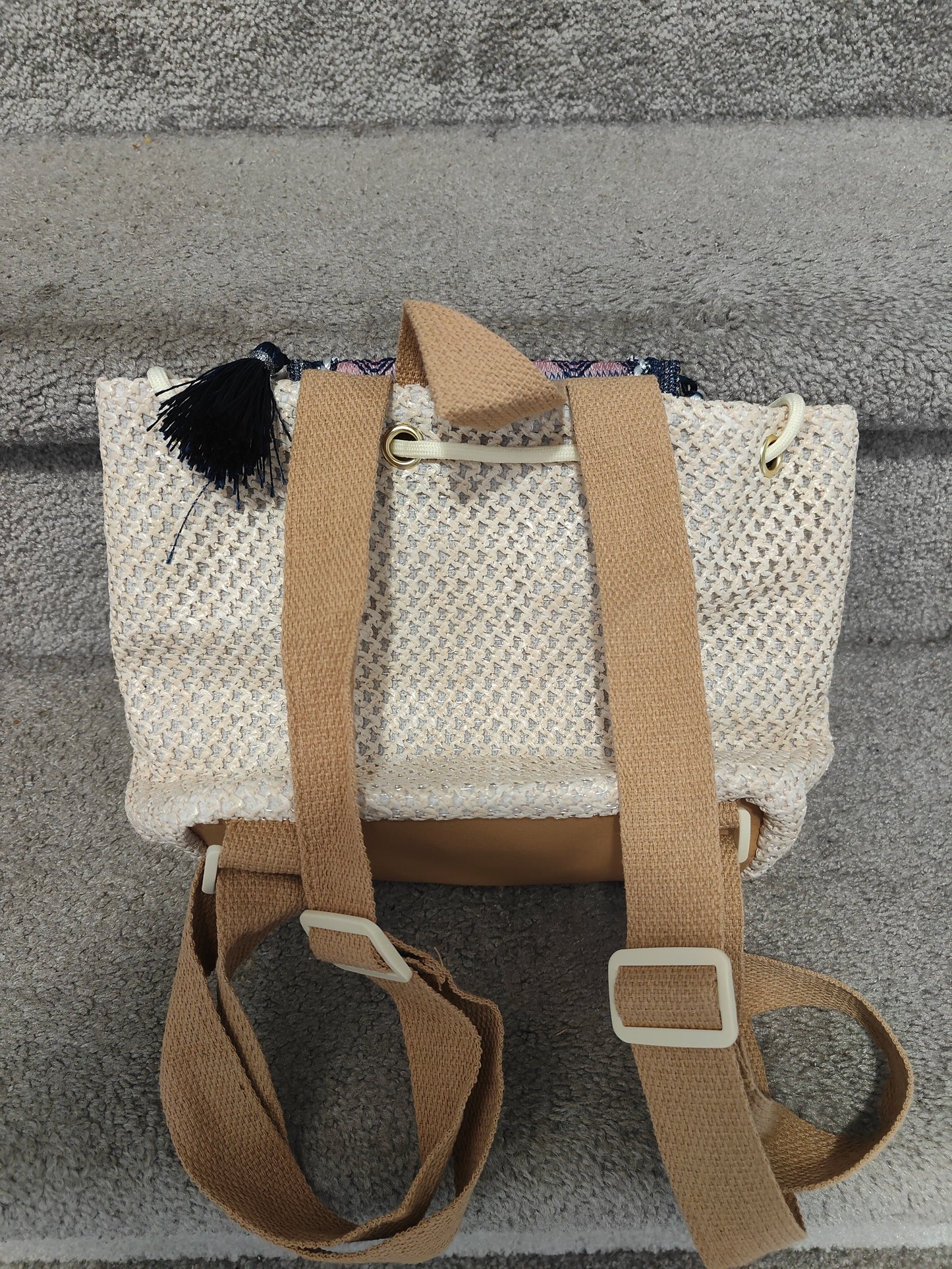 Seagrass Embroidered Tassel Backpack-Blue