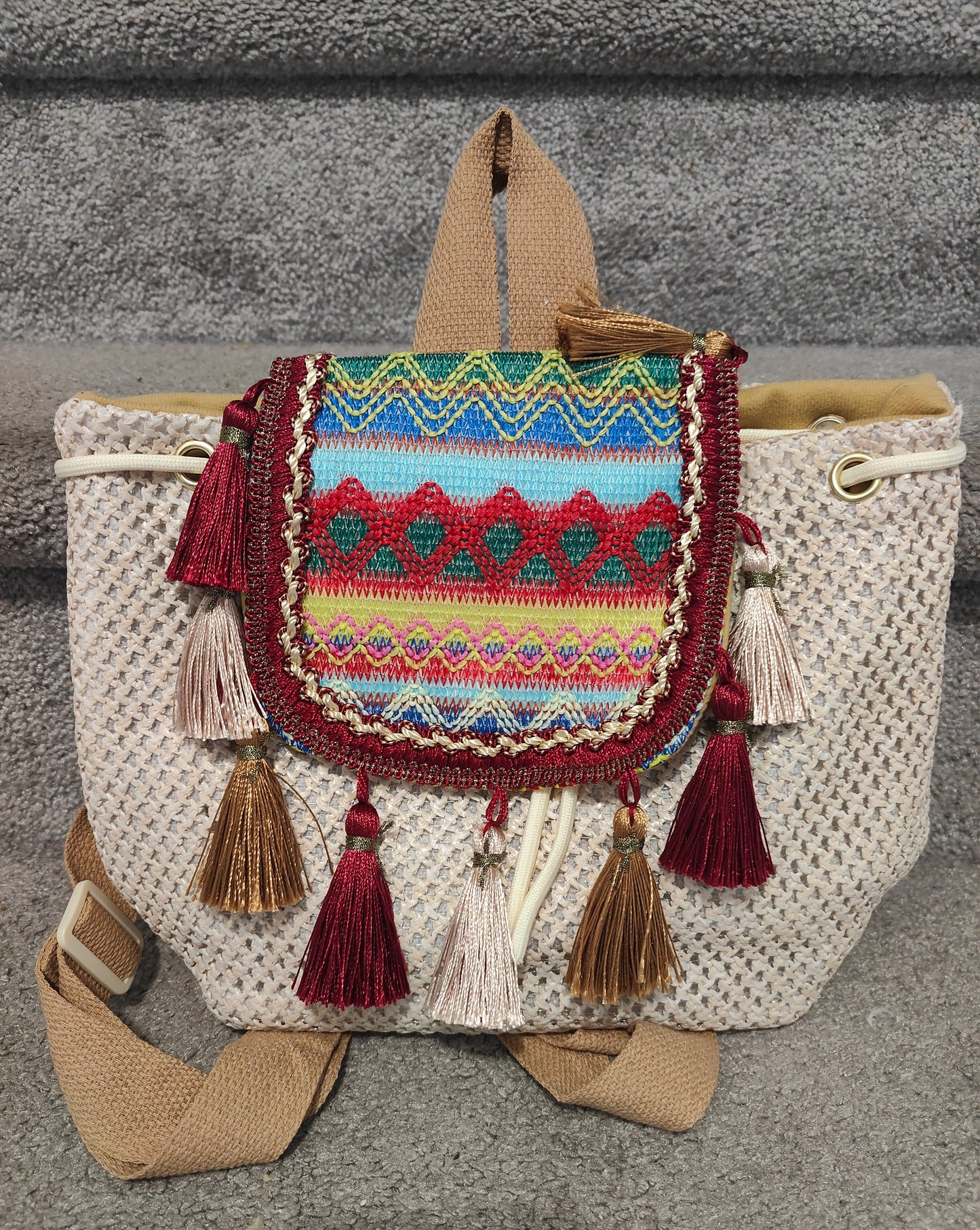 Seagrass Embroidered Tassel Backpack-Red
