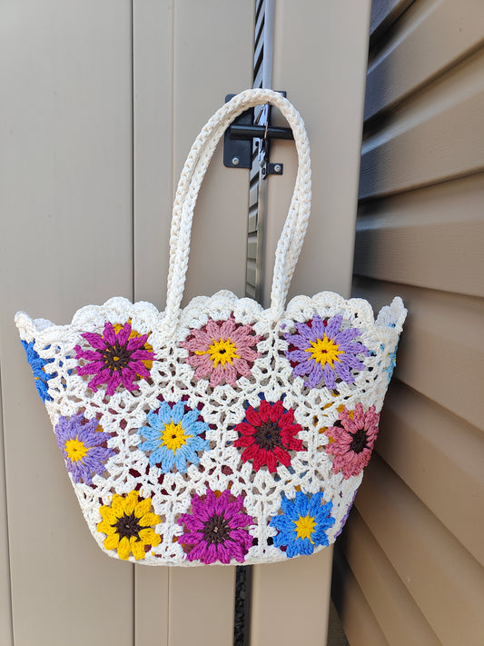 Crochet Flower Overlay Seagrass Tote – Handwoven & Whimsical