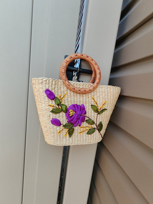Embroidered Water Hyacinth Shoulder Bag