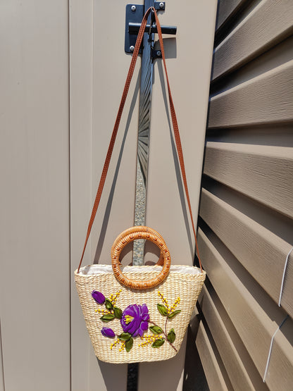 Embroidered Water Hyacinth Shoulder Bag