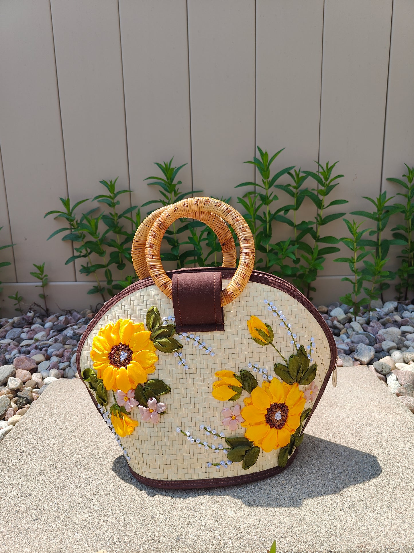Handwoven Bamboo Bag – Sunflower Embroidered