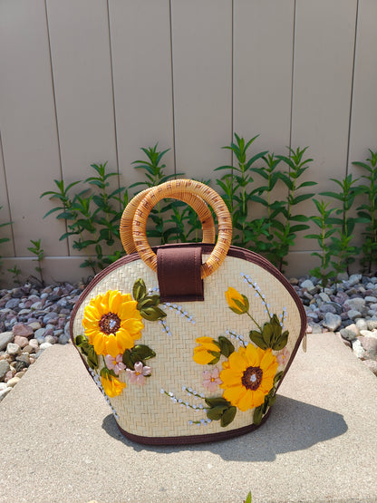 Handwoven Bamboo Bag – Sunflower Embroidered