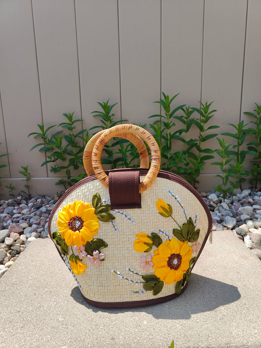 Handwoven Bamboo Bag – Sunflower Embroidered