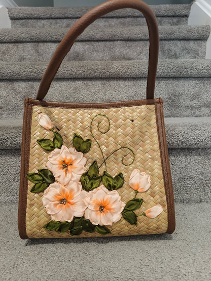 Embroidered Bamboo Handbag – Peach Blossom Elegance