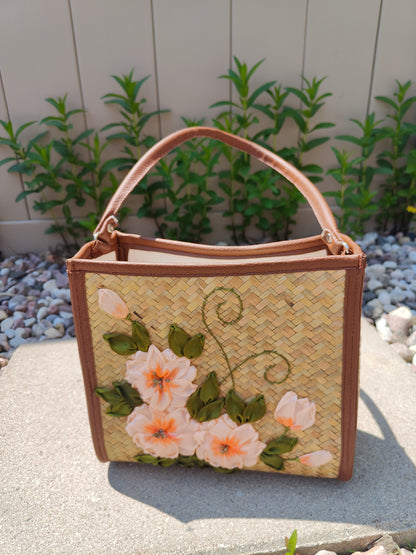 Embroidered Bamboo Handbag – Peach Blossom Elegance