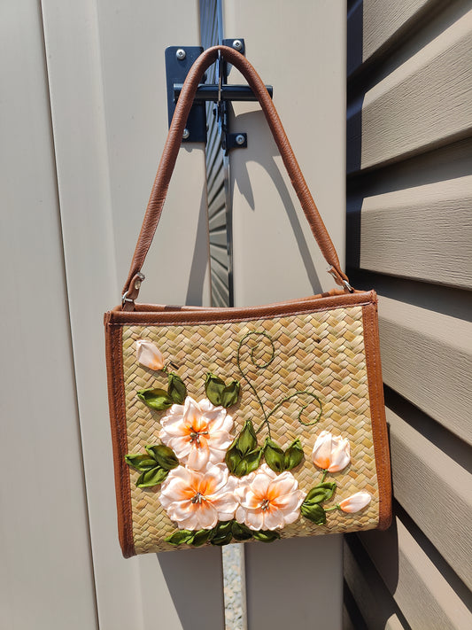 Embroidered Bamboo Handbag – Peach Blossom Elegance