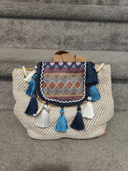 Seagrass Embroidered Tassel Backpack-Blue