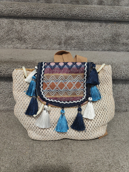 Seagrass Embroidered Tassel Backpack-Blue