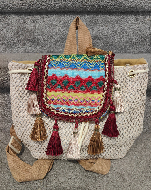 Seagrass Embroidered Tassel Backpack-Red